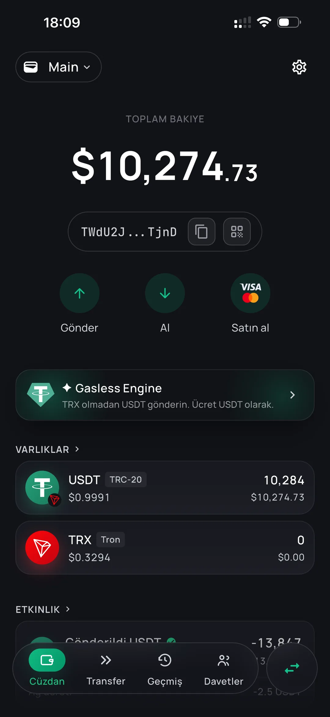 The Oniq wallet home screen showing a USDT balance on TRON
