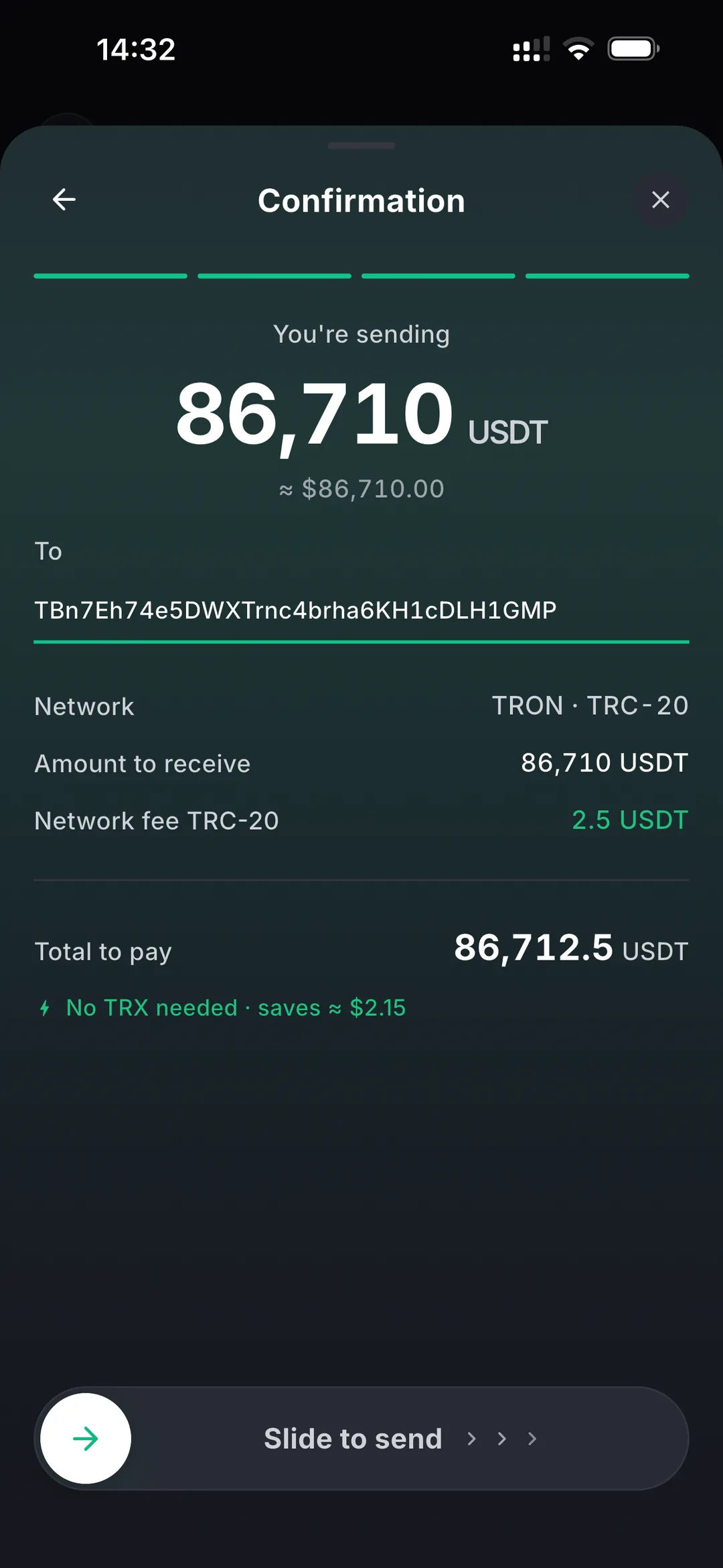 Sending USDT in the ONIQ wallet
